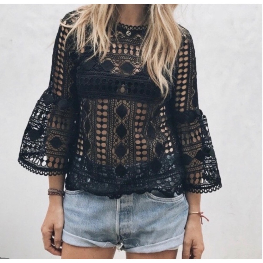 Anthropologie Ellison Crochet Black Lace Bell Sleeve Boho L Sheer Whimsy Goth
